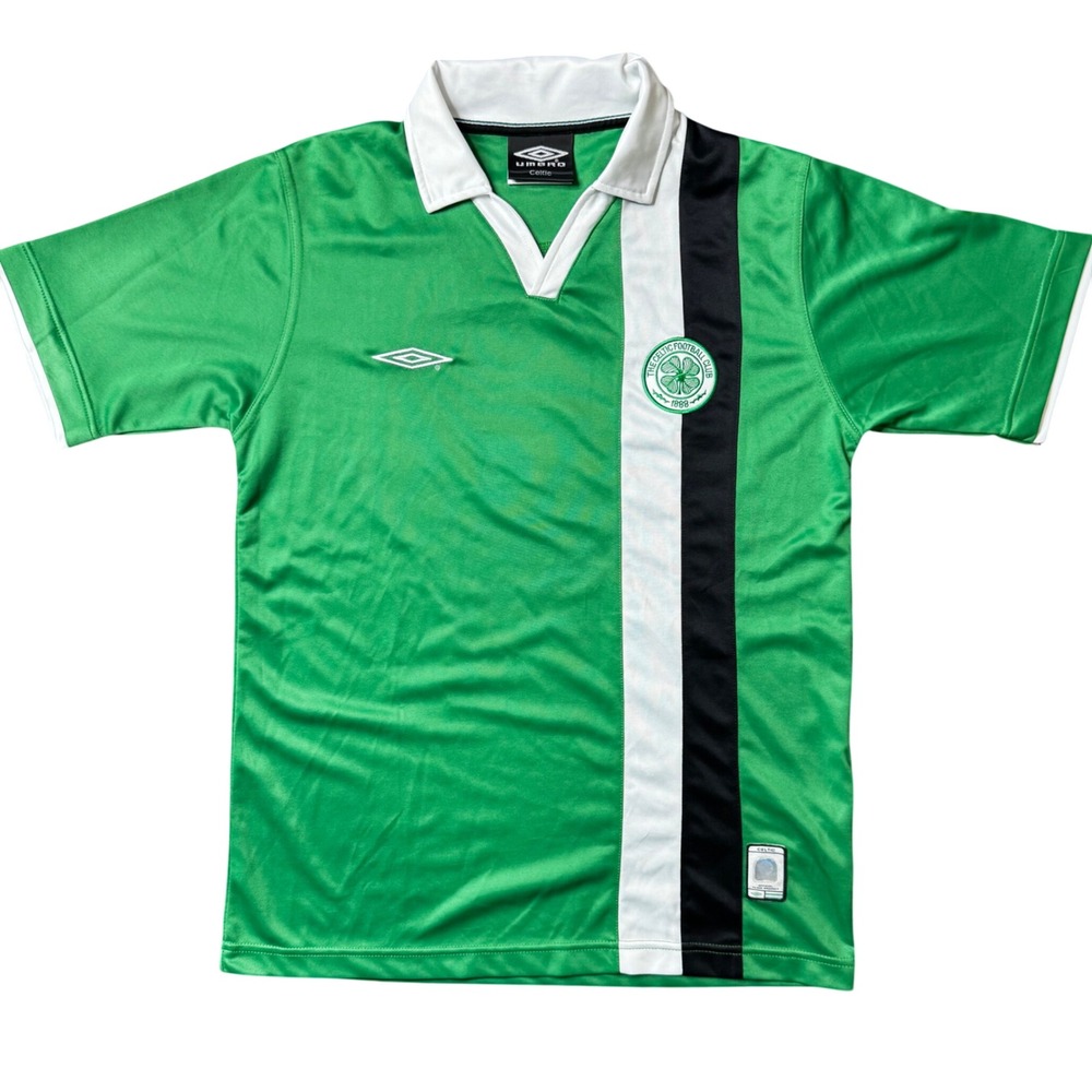 Umbro Celtic FC Soccer Jersey Mens Small Green White Black Stripe Polo Shirt